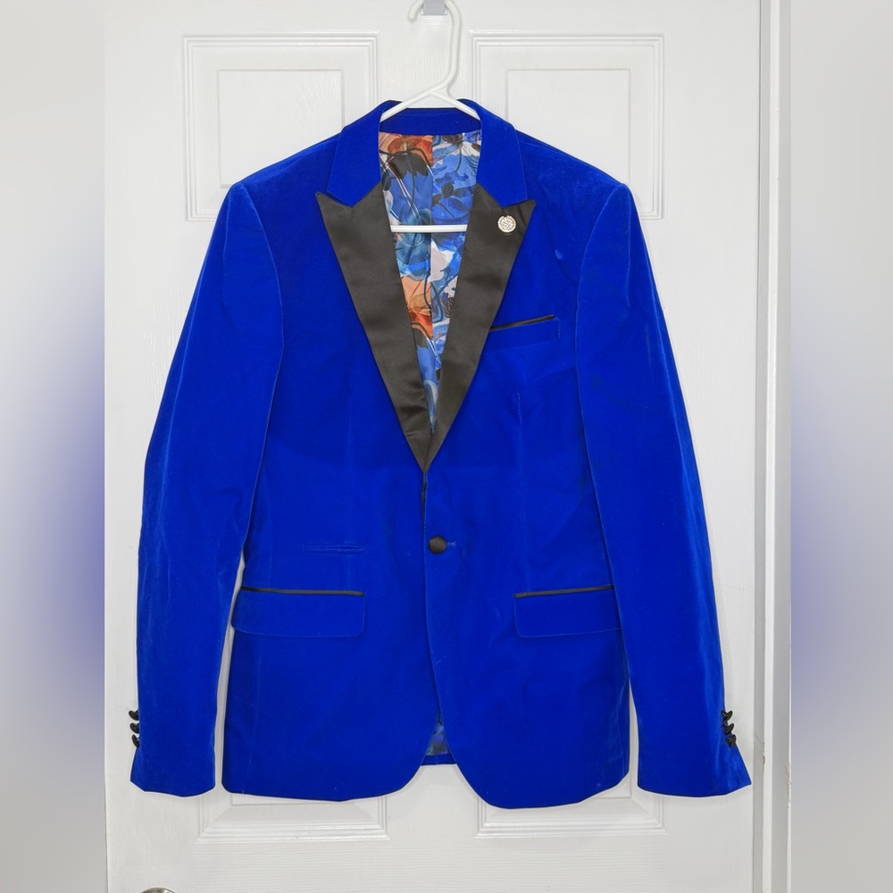 Slim fit size S38 SUSLO COUTURE Blue Blazer with Black Lapel